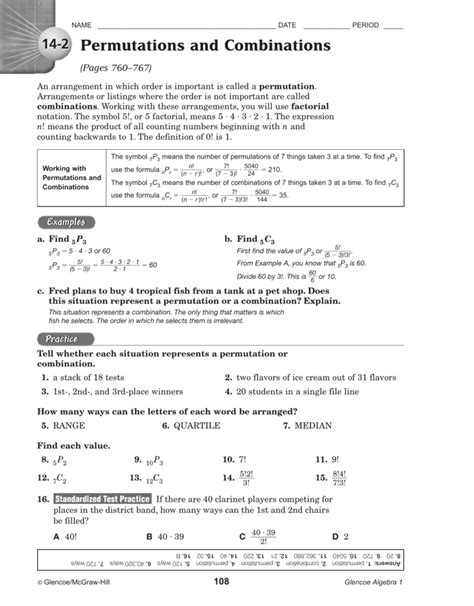permutations and combinations worksheet answers